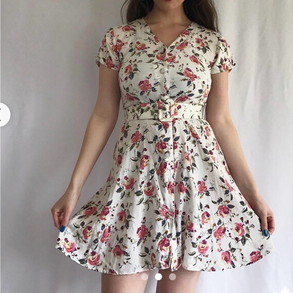 Floral Belted Mini Dress in Cream with Pink Roses